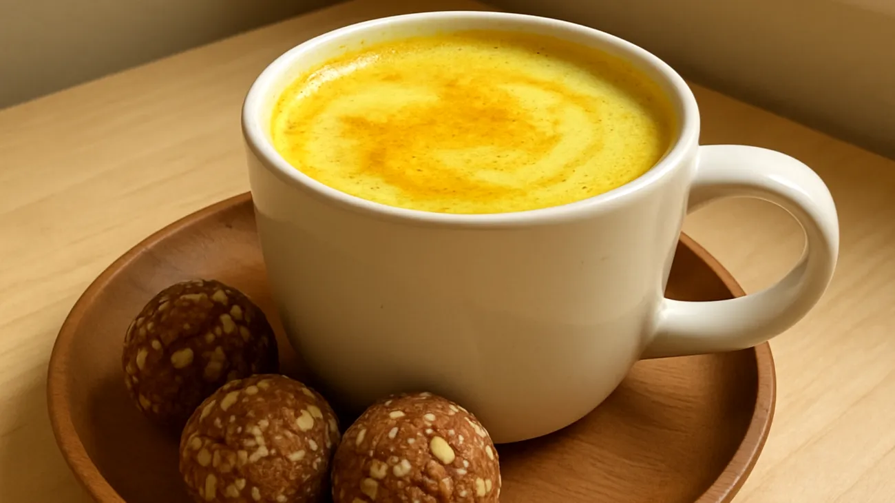 Goldene Milch mit Ashwagandha und Mandel-Dattel-Bällchen"
