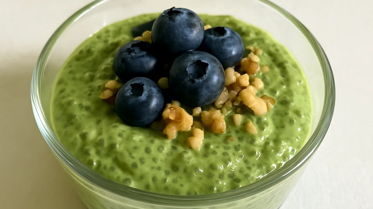 Matcha-Chia-Pudding mit Walnüssen und Blaubeeren"