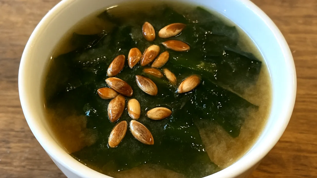 Miso-Suppe mit Wakame-Algen und gerösteten Kürbiskernen"