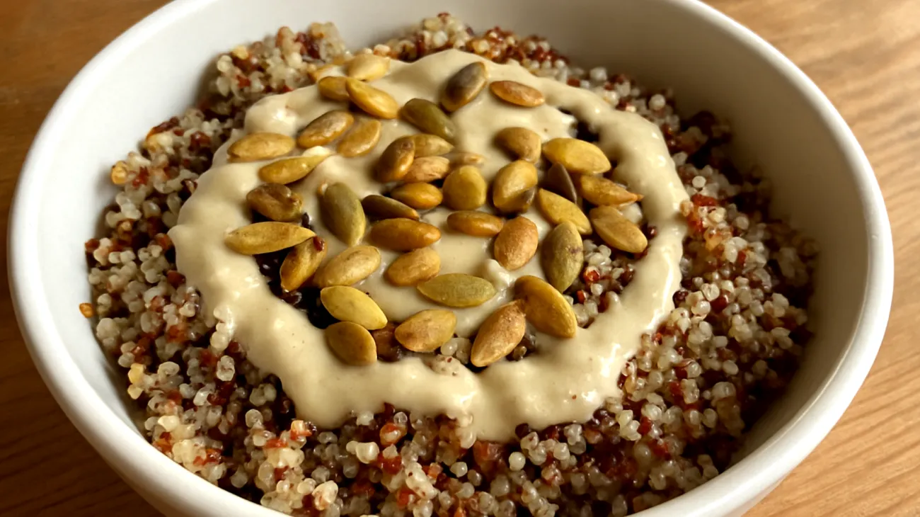 Quinoa-Buchweizen-Bowl mit Tahini-Dressing und gerösteten Kürbiskernen"